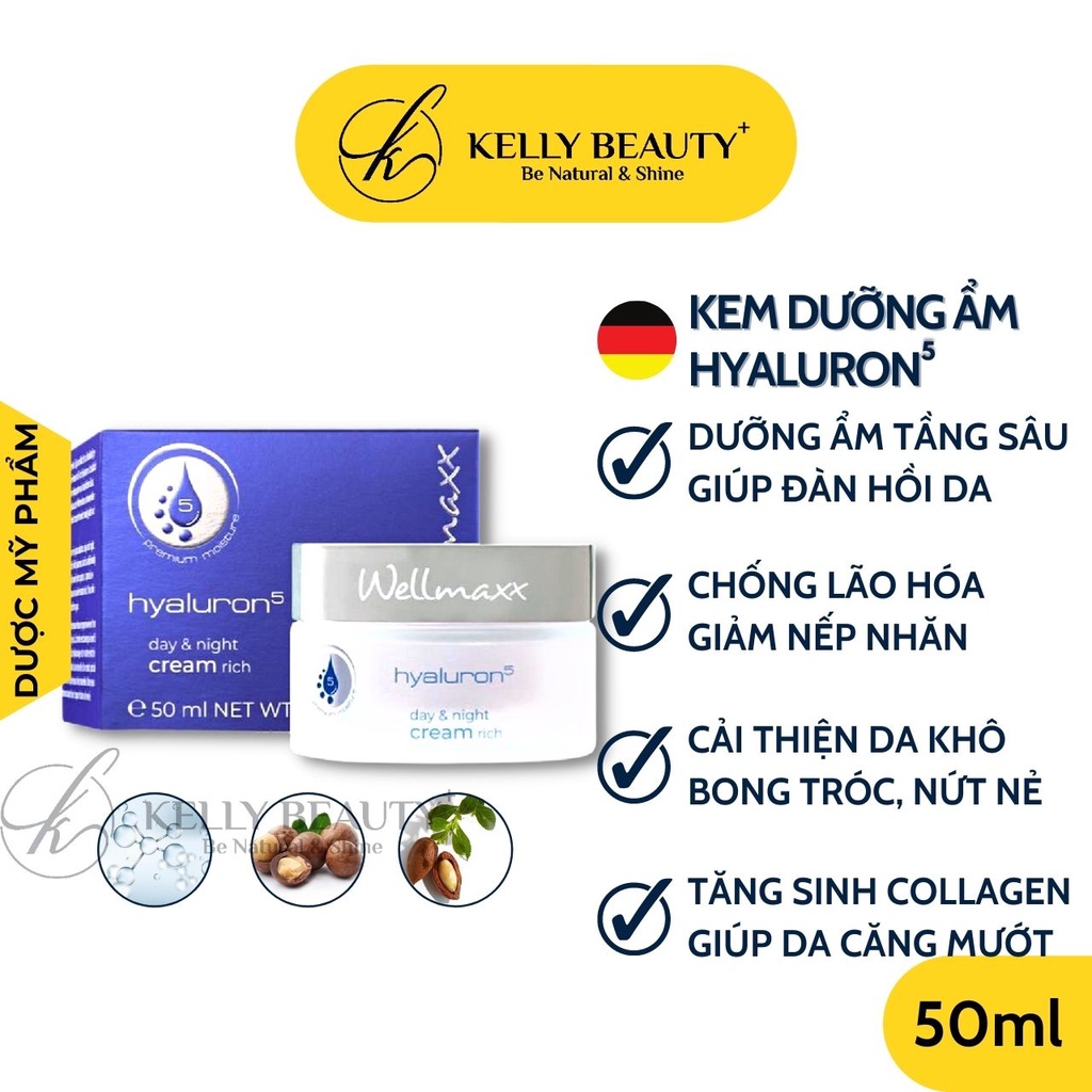 Kem Dưỡng Ẩm Sâu WELLMAXX Hyaluron5 50ml - Cấp &amp; Giữ Ẩm Sâu, Giúp Da Căng Mịn, Đàn Hồi; Chống Lão Hóa Da | Kelly Beauty