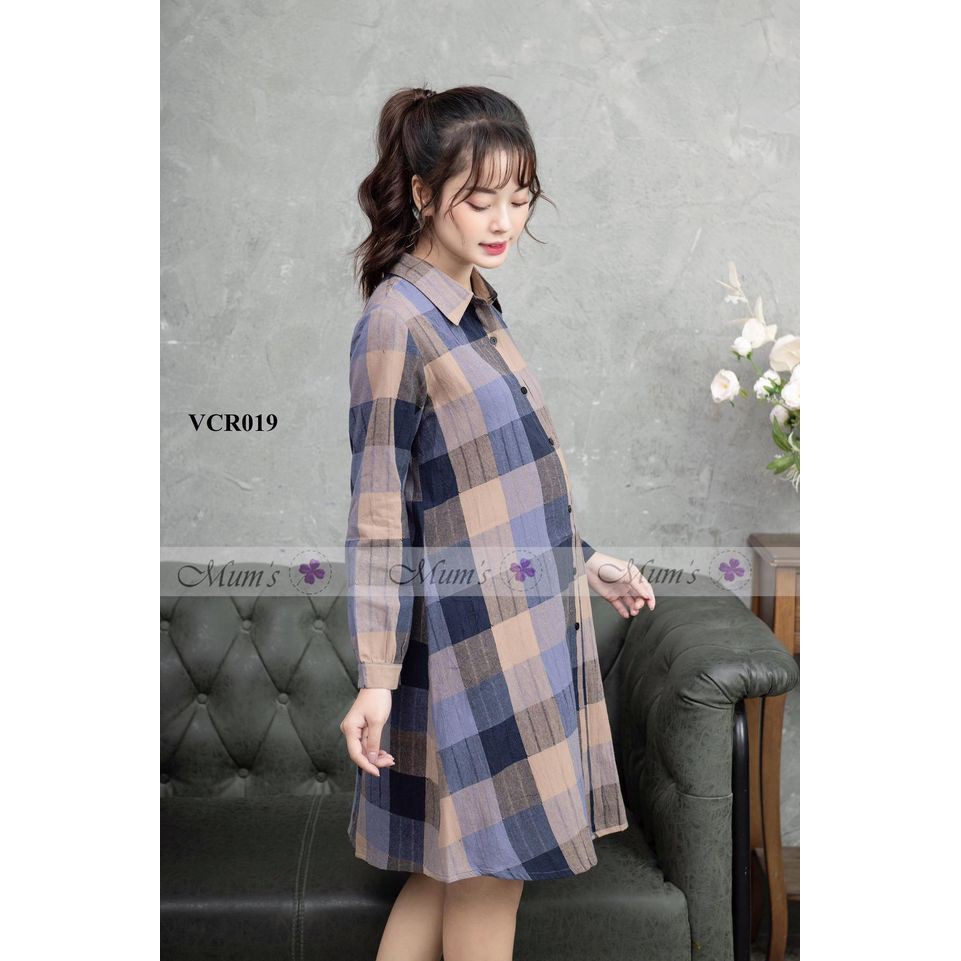 ĐẦM BẦU FREESHIP Váy caro xanh đen dáng sơ mi cổ đức tay dài sz S