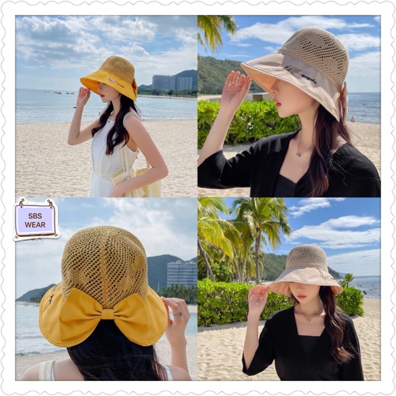 Mũ cói đi biển vành rộng thêu chữ có nơ , phụ kiện thời trang nữ
