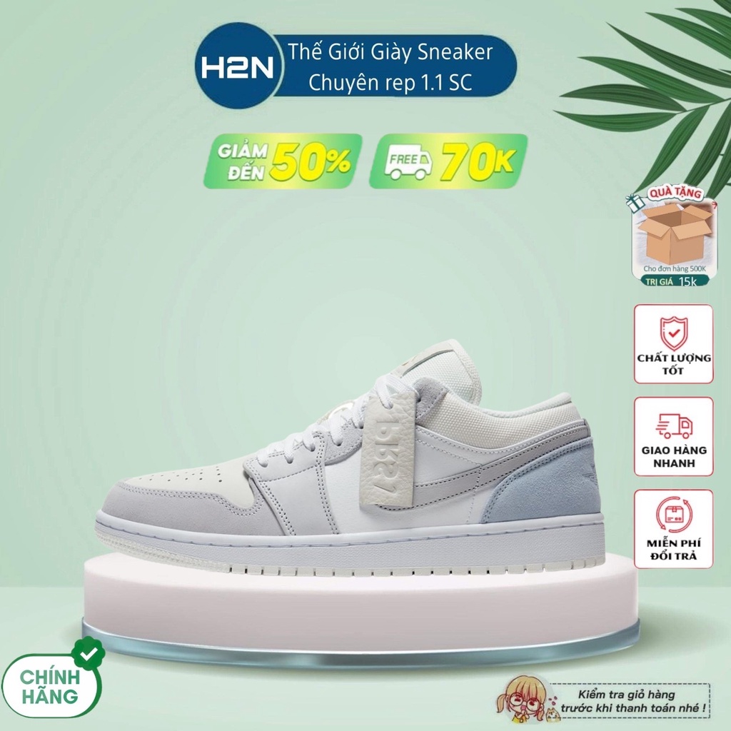 Giày Jordan cổ thấp màu xám gót xanh nam nữ, Giày Jordan 1 low Paris xám bản đẹp full box bill