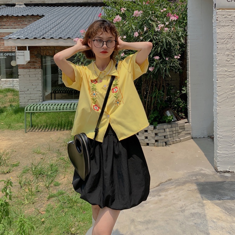 Áo Sơ Mi Ngắn Tay Họa Tiết Thêu Hoa Phong Cách Retro Pháp Thời Trang Mùa Hè Cho Nữ