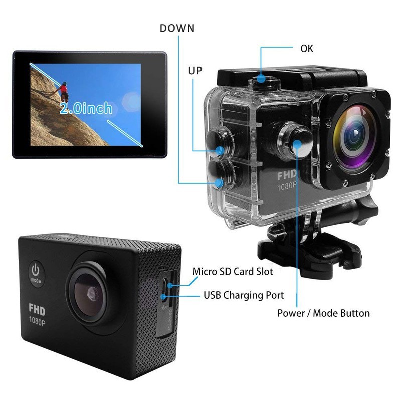 Camera Hành Động Chống Nước Sports Cam 1080 Full Hd - Camera Cho Xe Đạp, Xe Máy Gắn Mũ Bảo Hiểm