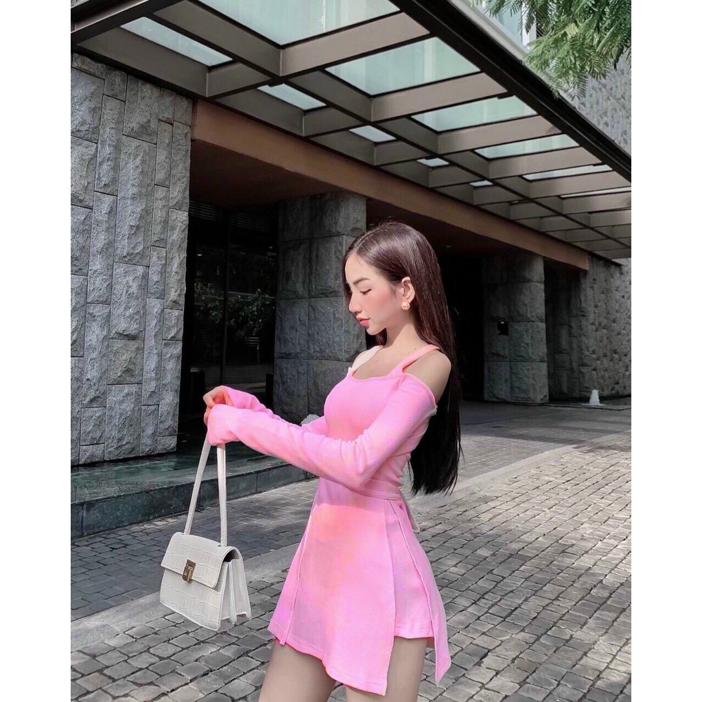 set bộ áo kiểu lệch trễ vai đẹp xẻ tà quần short thun gân mềm đẹp l