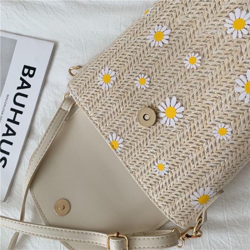 Túi đeo chéo cói phối da hoa daisy (hình thật)