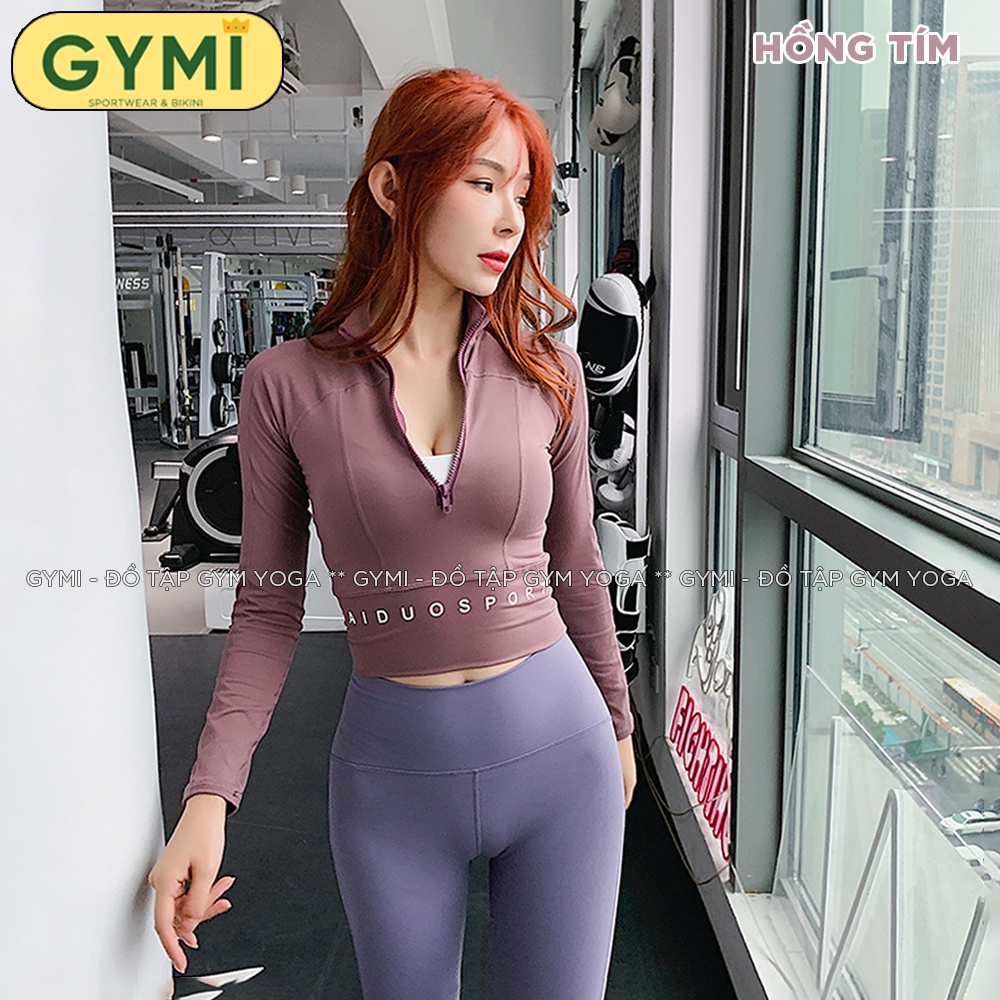 Áo tập gym yoga nữ dài tay GYMI AD13 dáng croptop thể thao có khoá kéo chất thun poly mịn mát co giãn