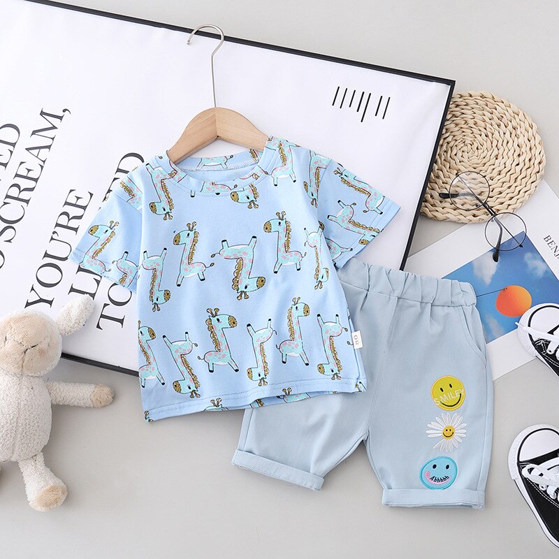 Set áo thun in hình hươu cao cổ + quần short Denim dễ thương thời trang mùa hè cho bé