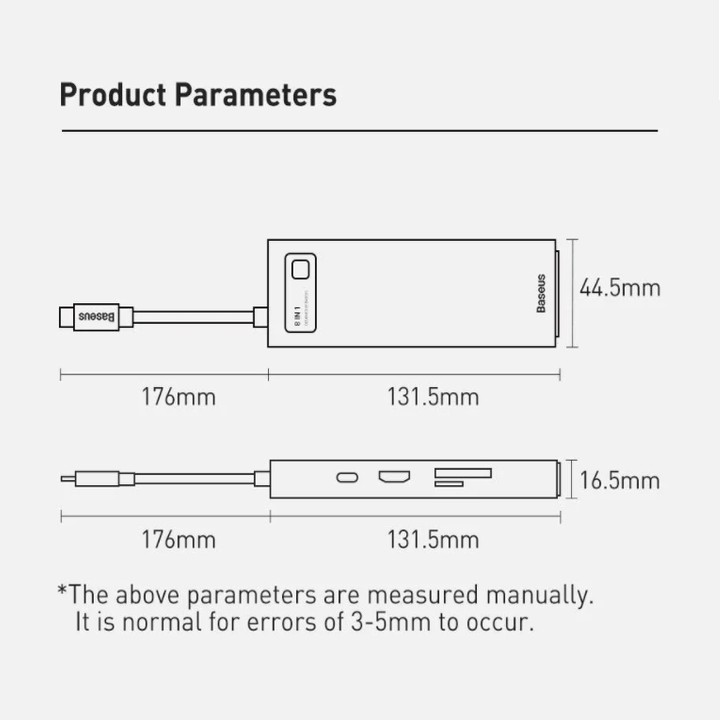 Hub chuyển đổi đa năng 8 trong 1 Baseus CAHUB-CV0G (Type-C to HDMI/ USB3.0/ LAN / SD Card Reader/ Type C PD 100W)