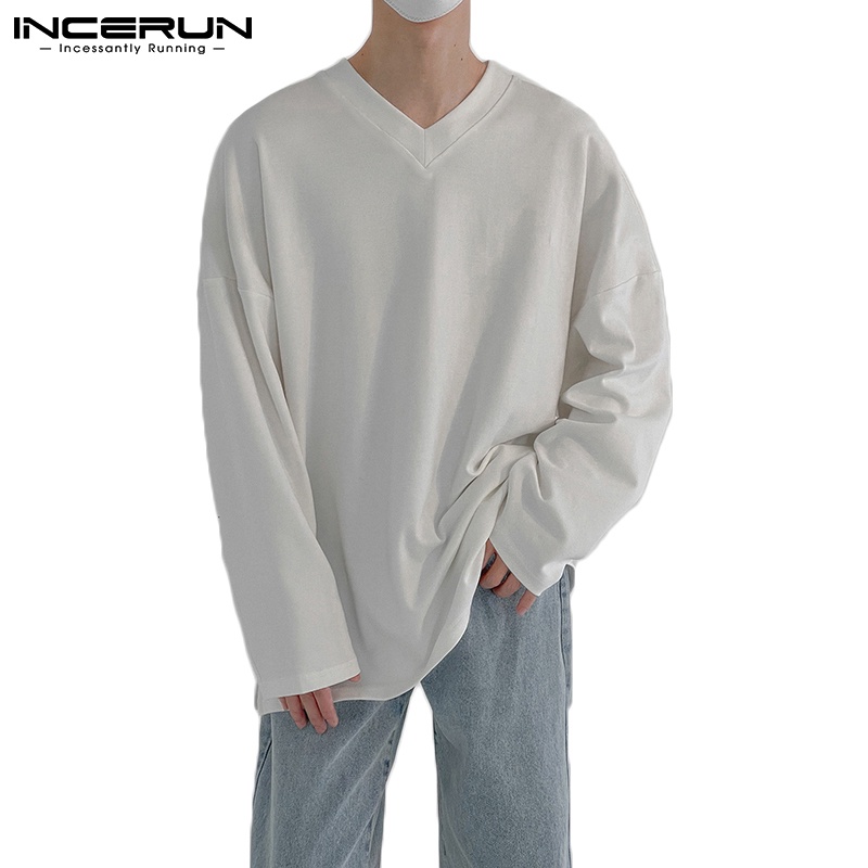 Áo thun INCERUN chui đầu dài tay cổ chữ V phong cách đơn giản cho nam
