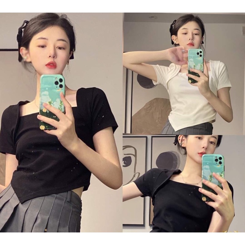 Áo croptop cổ vuông lai chéo vạt chất thun tăm co dãn tốt vanmiushop