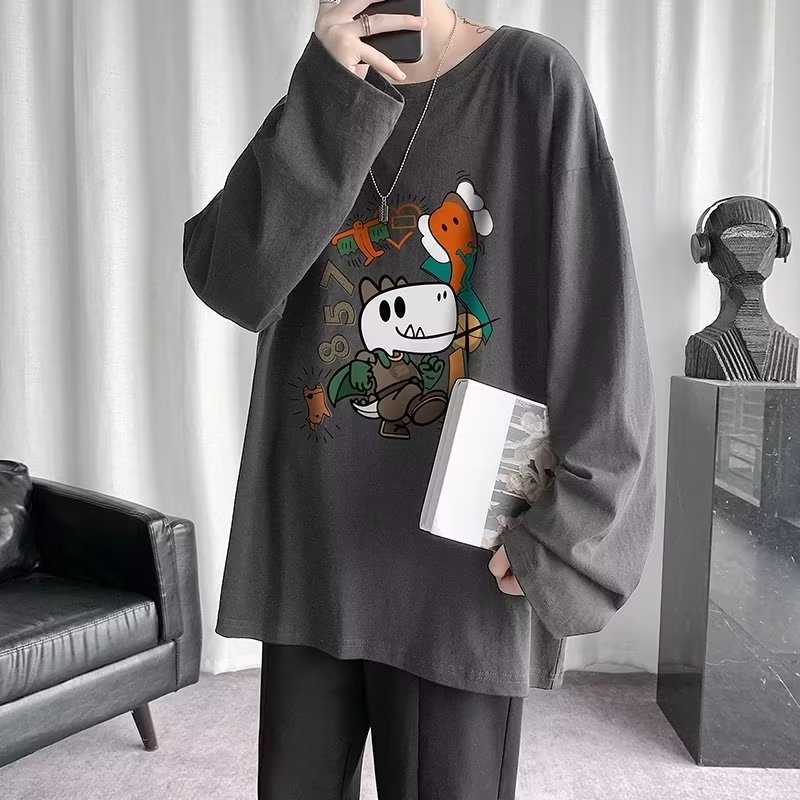 Áo Thun Tay Dài Dáng Rộng In Họa Tiết Hoạt Hình Phong Cách Hip Hop Hàn Quốc Thời Trang Cho Nam Và Nữ size M-5XL