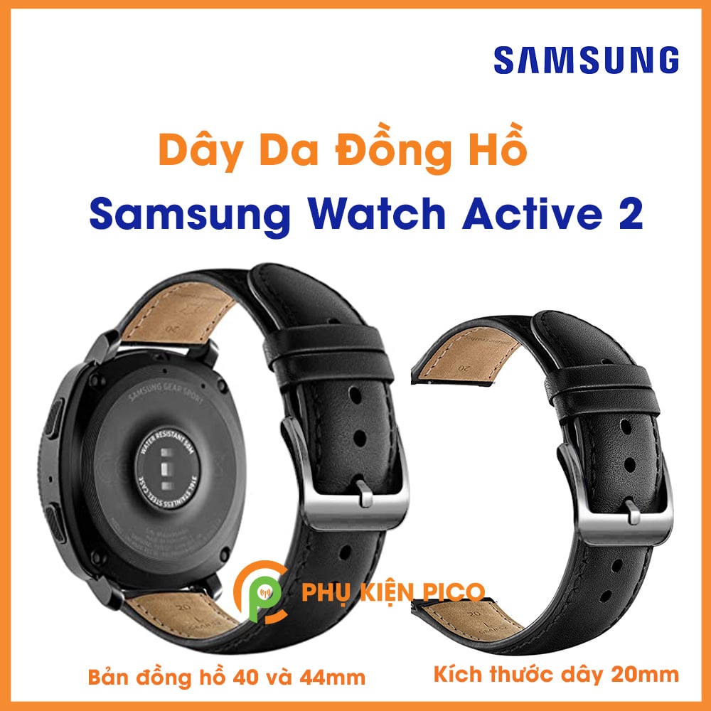 Dây da đồng hồ Samsung Watch Active 2 bản 40/44mm dây 20mm vân trơn màu đen khóa bạc, màu nâu khóa bạc