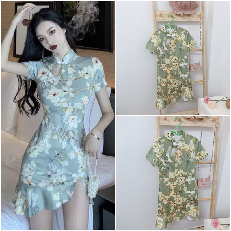 Đầm hoa sườn xám họa tiết trendy