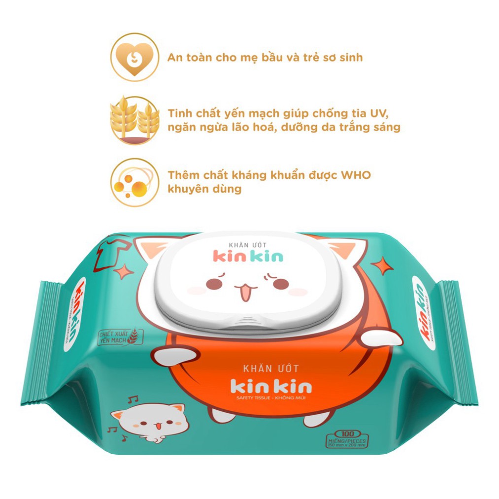 Khăn ướt Kin Kin 100 tờ Không mùi, an toàn tiện lợi