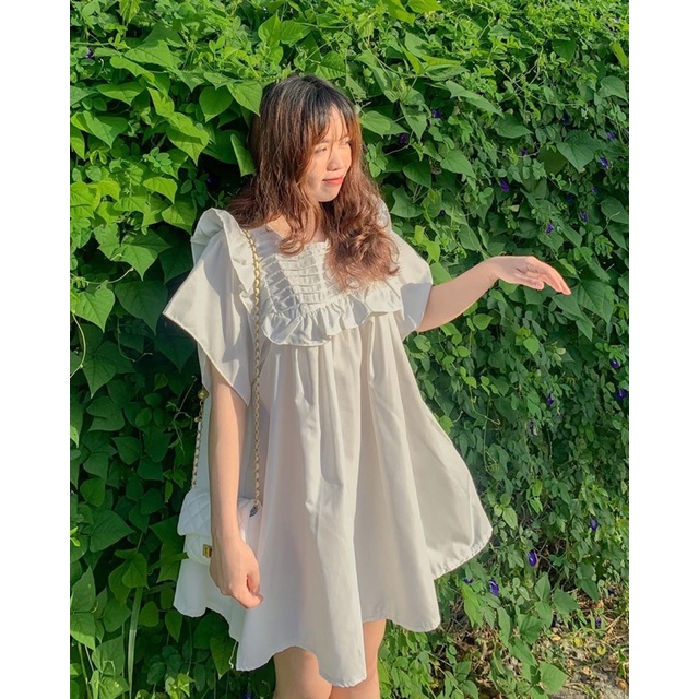 Đầm phồng bèo ngực vải thô, đầm babydoll áo babydoll phối bèo trắng