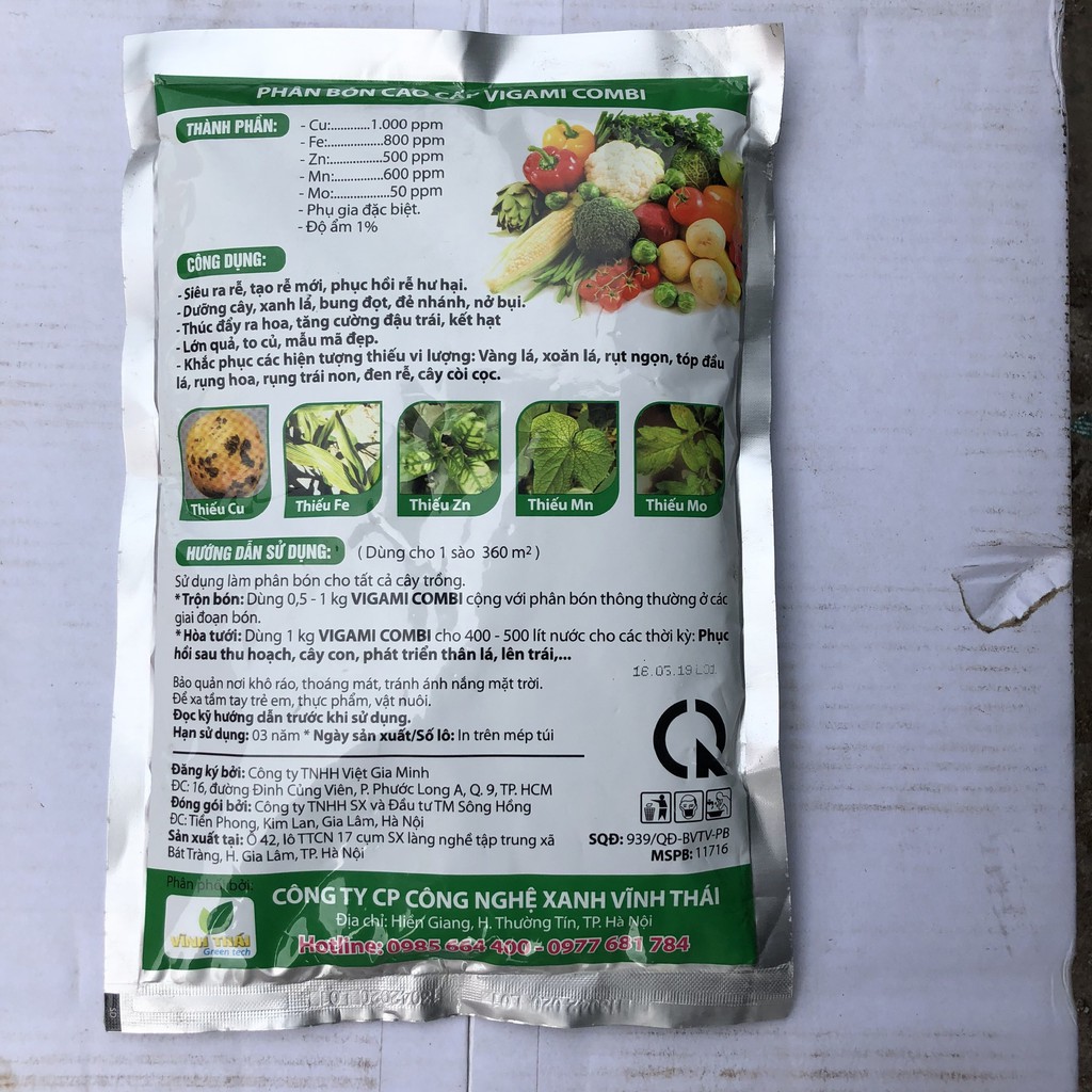 Phân bón Vi lượng xanh Vigacombi túi 1kg bổ sung vi lượng, tốt cây, xanh lá, ra hoa, đậu quả, tăng năng suất longf1