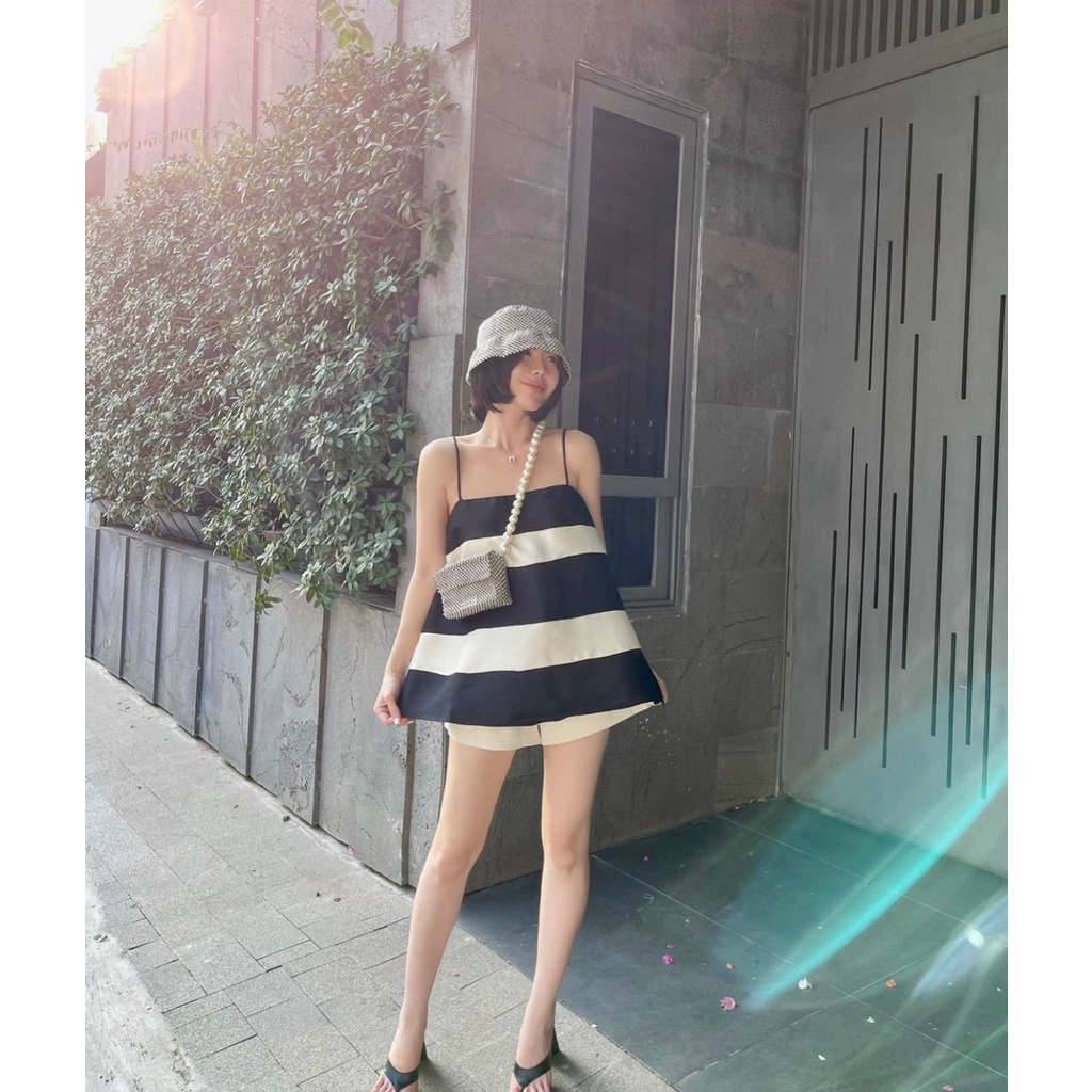 SET TAPTA ÁO 2 DÂY PHỐI MÀU SỌC KẺ NGANG HỞ VAI SEXY + QUẦN SHORT NGẮN LƯNG THUN CAO ULZZANG ĐEN VÀNG XANH HỒNG