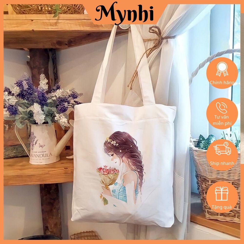 Túi tote vải đeo chéo đeo vai canvas in hoạ tiết cô gái SHOPMYNHI SMN249