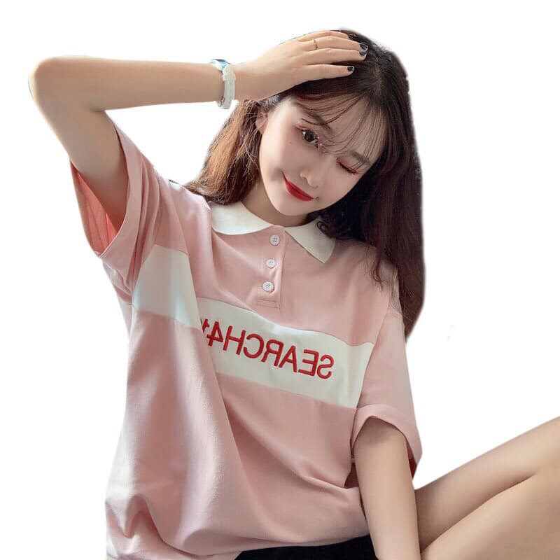 Áo thun POLO nữ tay lỡ có cổ phông form rộng freesize unisex mặc đi học, cặp, nhóm, lớp in chữ SEARCH 140 ✔️