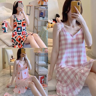 Váy Ngủ Hai Dây_ Đầm Ngủ Thun Mềm Mịn Có Đệm Ngực Đuôi Xếp Li,Đồ Ngủ Mặc Nhà Họa Tiết Hoạt Hình Dễ Thương