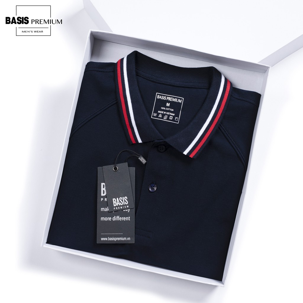 Áo thun nam polo phối viền, gân dọc, cotton cá sấu cao cấp, BASIS APL200 | BigBuy360 - bigbuy360.vn