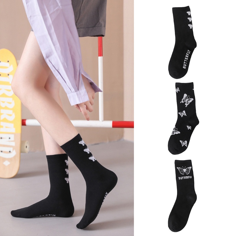 Vớ cotton ống vừa in hình bướm màu đen trắng phong cách Nhật Bản Harajuku Hip Hop thời trang đường phố cho nữ