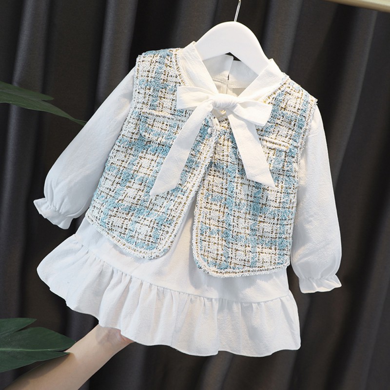 Bộ Đầm Dài Tay + Áo Khoác Vest Phong Cách Hàn Quốc Siêu Đáng Yêu Dành Cho Bé Gái
