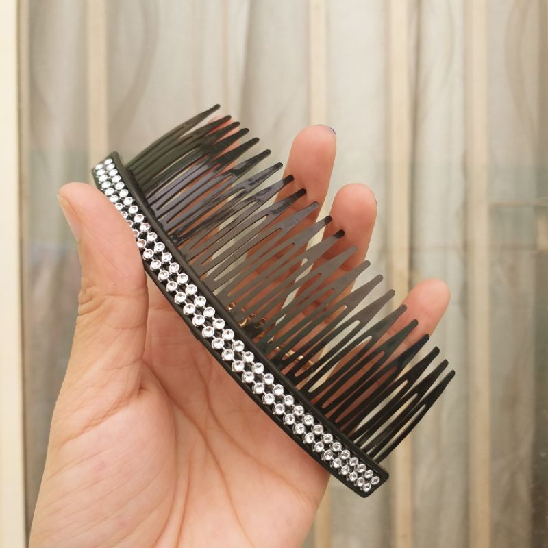 Lược cài tóc nhựa mềm đính hạt 2 hàng màu đen