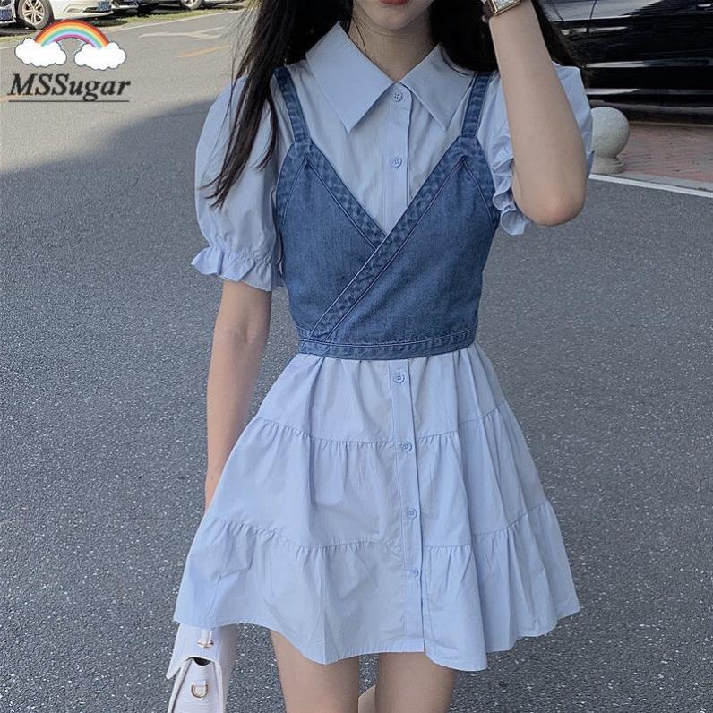 VIP Váy nữ Set đầm sơ mi tay bo phồng + áo yếm denim duyên dáng dành cho phái đẹp 2020 có bán lẻ Váy