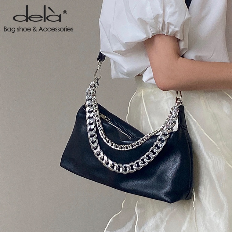 Dela Túi đeo dưới cánh tay Bằng Da Mềm Dày Dặn Phối Dây Đeo Sợi Xích Thời Trang Cho Nữ