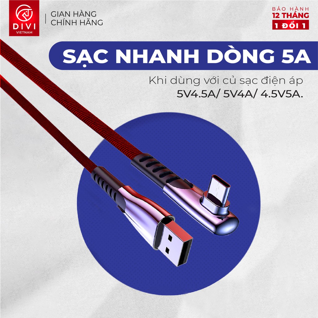 Dây cáp sạc nhanh - DIVI P453 - Sạc nhanh 5A - Đầu cáp vuông góc chống gãy - Hàng chính hãng - Bảo hành 12 tháng 1 đổi 1