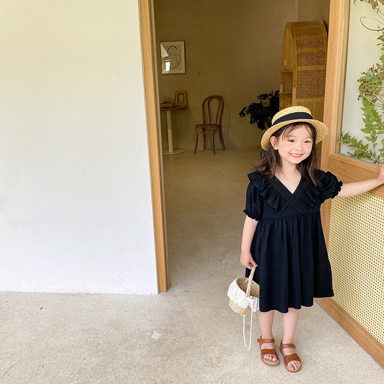 Váy bé gái Basci cổ chữ V phối bèo 2 mầu Đỏ và Đen XHN870