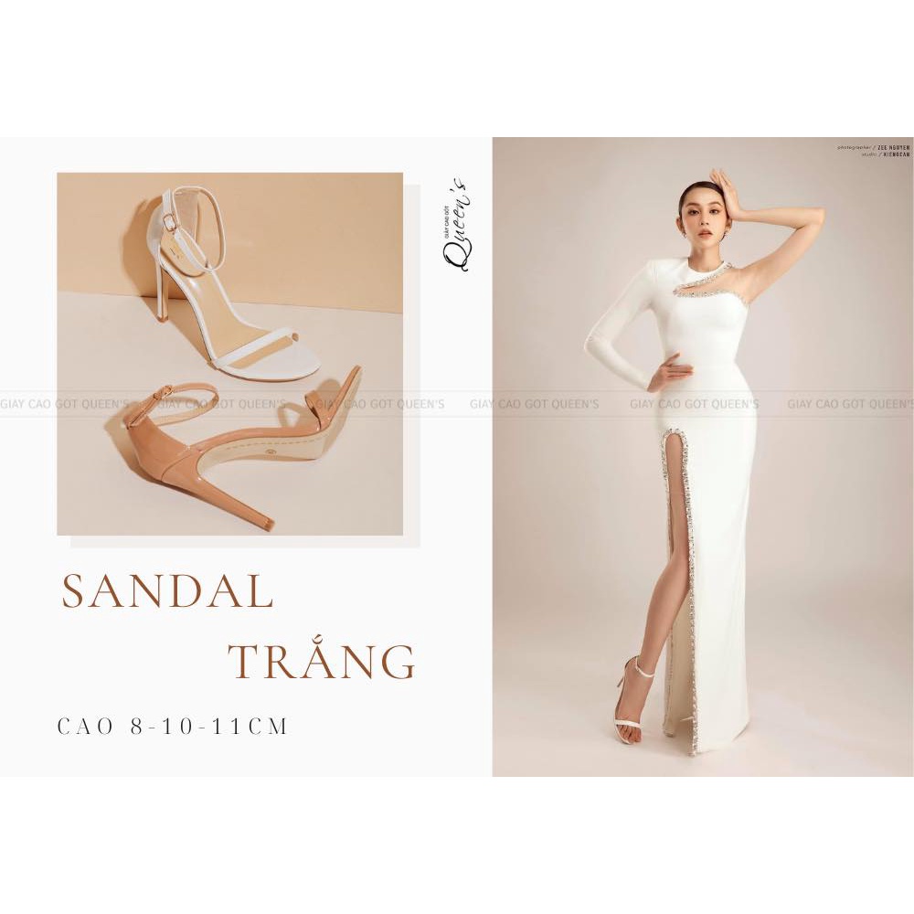 Giày Cao Gót Sandal Màu Trắng Dây Mảnh Bít Gót Mũi Nhọn Quai Sau Da Bóng Sang Trọng Cho Nữ Dự Tiệc Cưới Cao 9-11 Phân