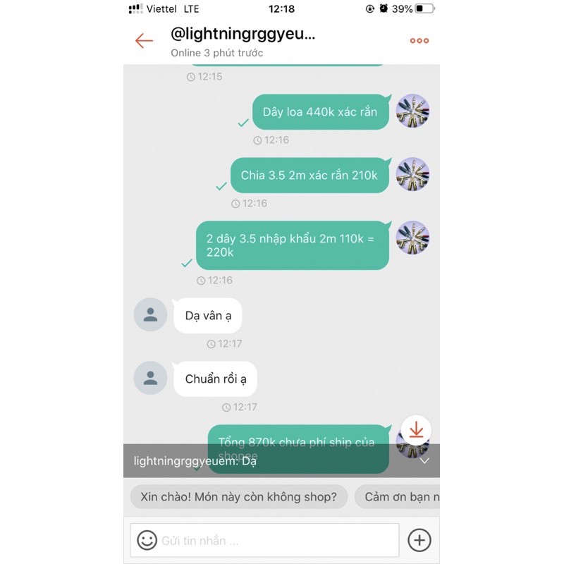 Combo dây jack khách đặt 870k