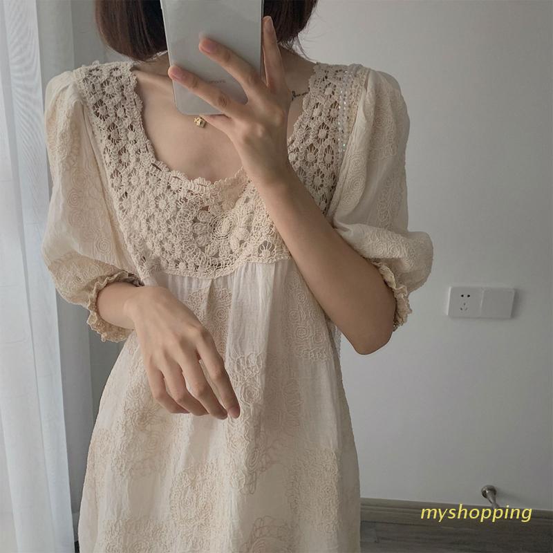 Đầm Tay Lỡ Phối Ren Dáng Suông Thêu Hoa Xinh Xắn Thời Trang Cho Nữ