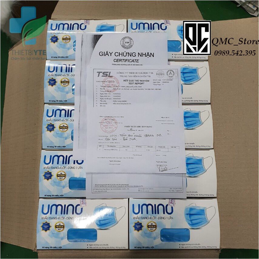 &lt;Sỉ= lẻ&gt; Khẩu trang y tế 4 lớp Umino màu xanh , hàng kháng khuẩn , hộp 50 cái #QMC