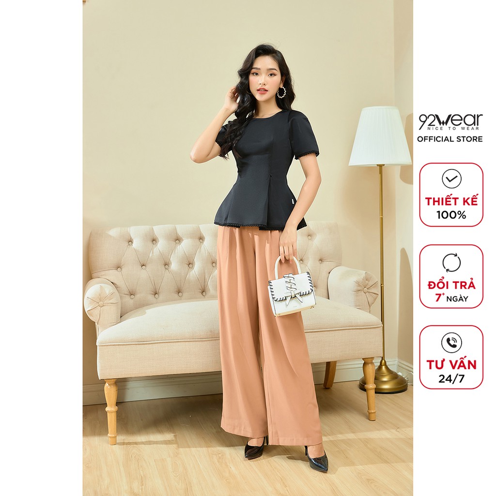Áo sơ mi kiểu nữ 92WEAR ngắn tay công sở kẹp ren ASA1531