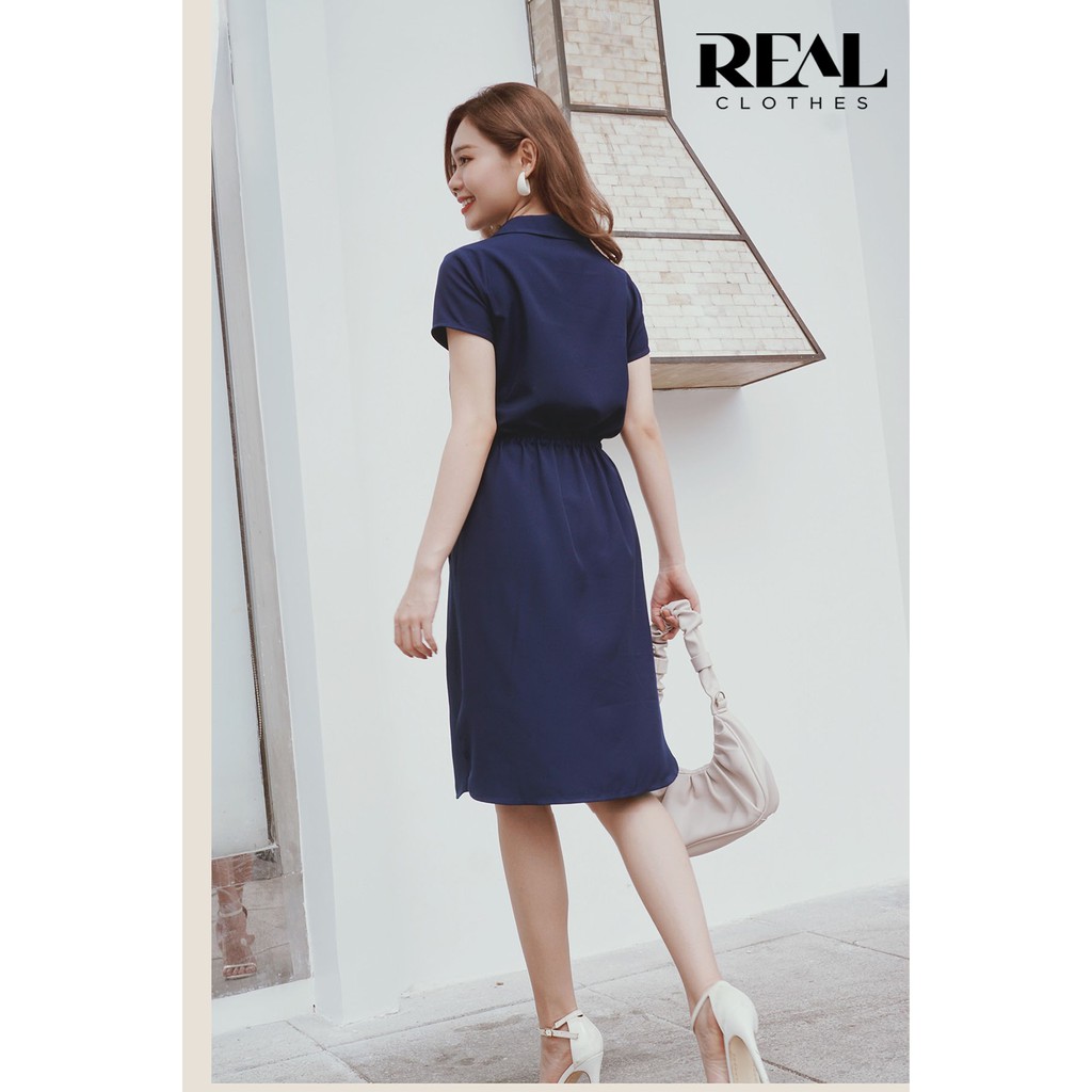 Đầm sơ mi rút dây xanh navy_REAL