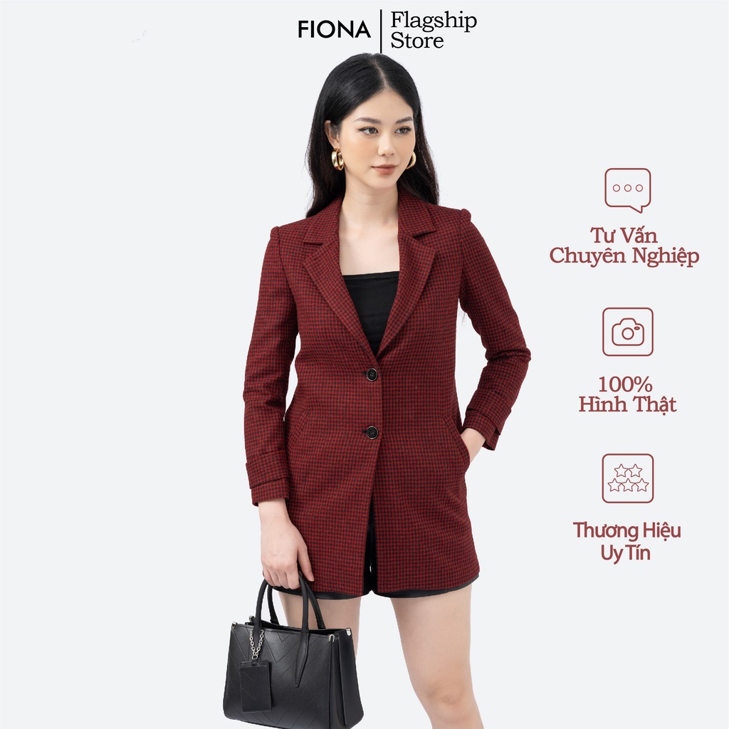 Áo khoác dạ nữ họa tiết màu đỏ đen cổ hai ve dài tay FIONA F651459