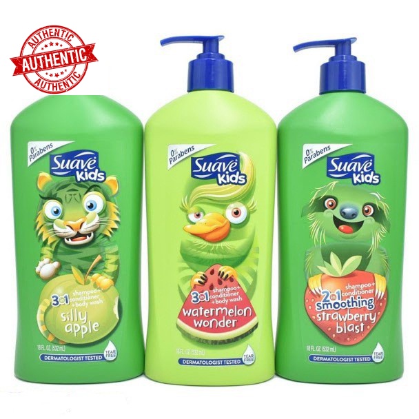 [USA] Sữa tắm, gội & Xả 3in1 cho Bé Suave Kid chai vòi 532ml Táo, Dưa hấu, Dâu không cay mắt - Mỹ