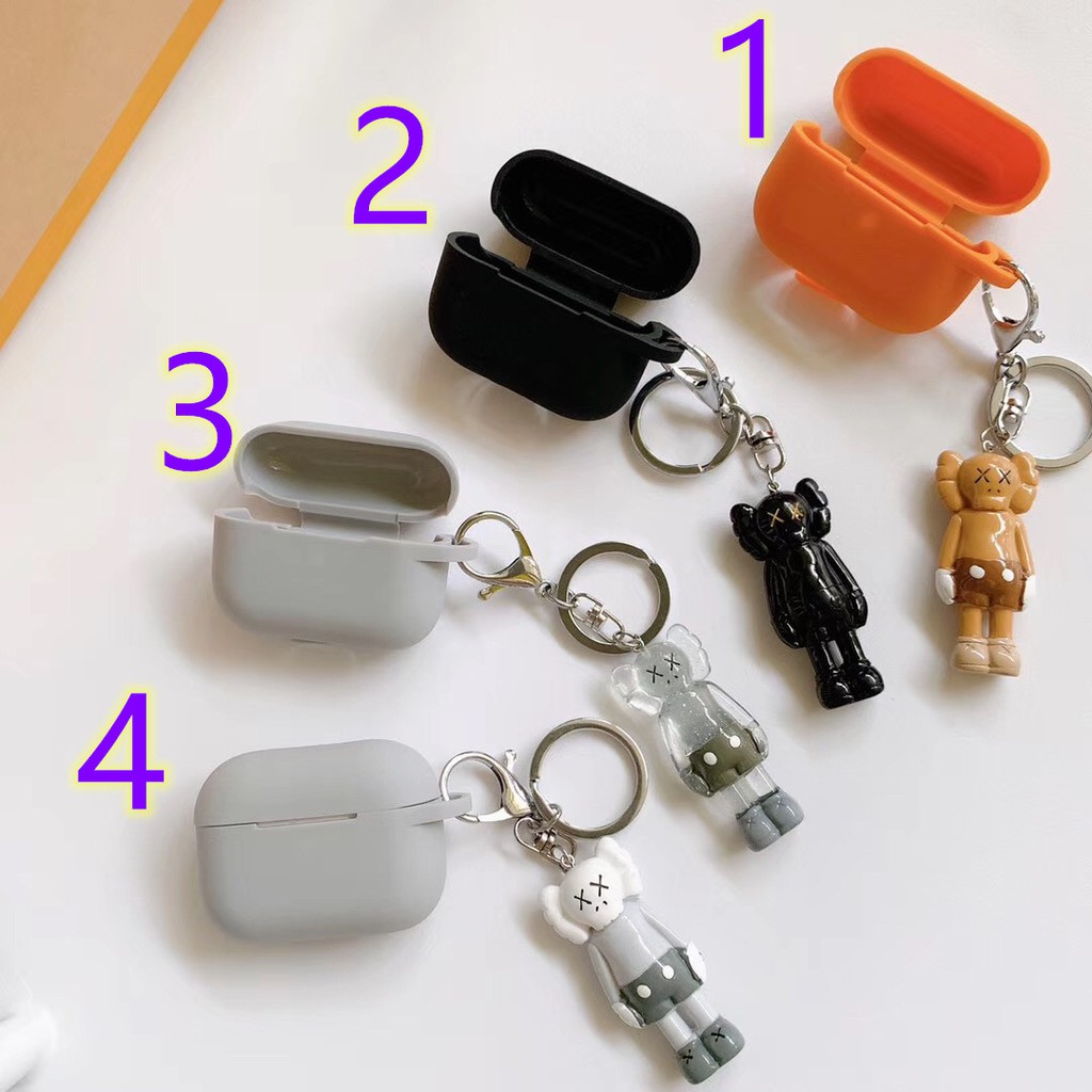 Solid Color Silicone AirPods 3 Case Gray Black Orange AirPods Pro Case With Fashion 3D Bear Keychain AirPod Case