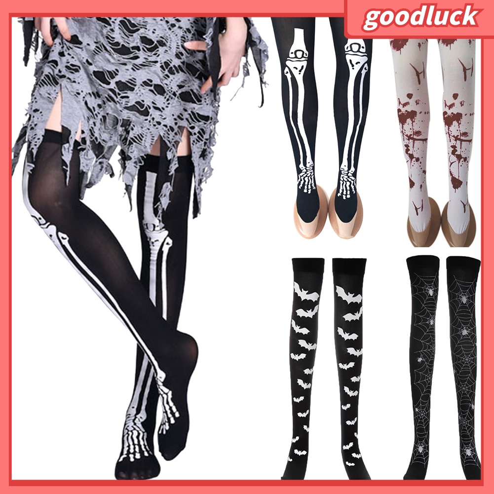 Tất cổ cao họa tiết xương/máu/mạng nhện/dơi thời trang halloween dành cho nữ
