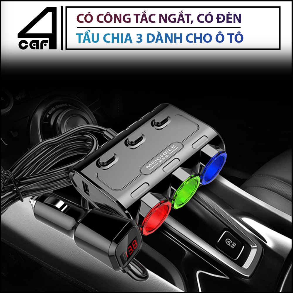 Tẩu sạc ô tô chính hãng MEICHELE 📌HIỂN THỊ ĐIỆN ÁP📌 Tẩu sạc xe hơi chia 3 đầu tầu,công tắc ngắt kèm 2 cổng USB sạc nhanh