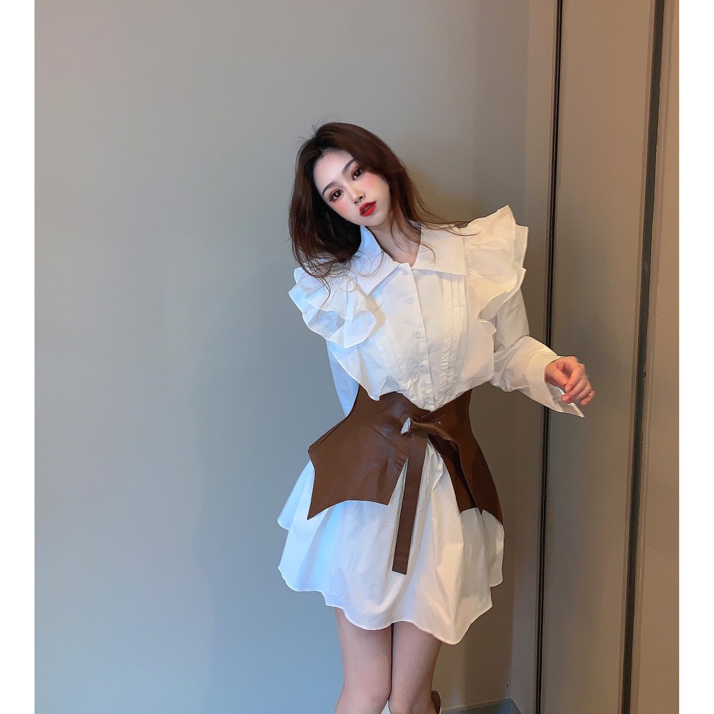 [HÀNG CÓ SẴN] Có ảnh thật. Váy sơ mi cánh tiên mix đai váy nâu cổ điển, váy bèo nhún phối đai váy bản to | BigBuy360 - bigbuy360.vn