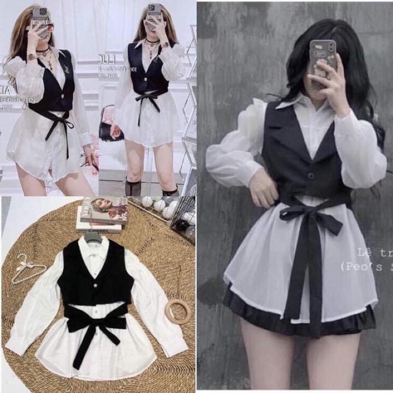 [HÀNG CHUẨN] Set áo sơ mi mix áo gile siêu xinh