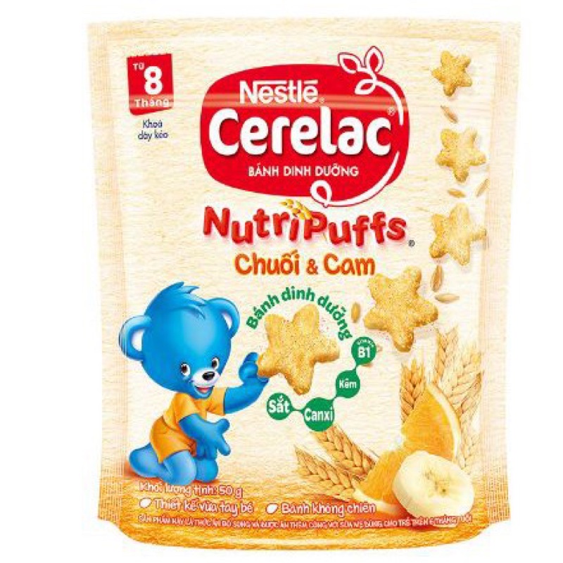 Bánh ăn dặm chuối dâu nétle cerelac nutripuffs date mới
