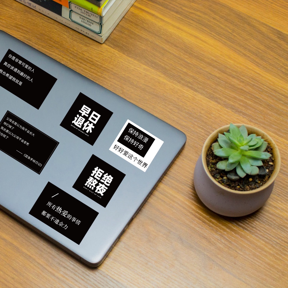 Bộ 50 Miếng Dán Trang Trí laptop Chống Thấm Nước Hình Chữ Trung Quốc Màu Trắng Đen