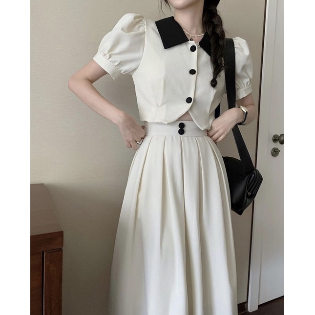 Set váy dáng dài kèm áo crotop cổ sơ mi tay bồng 3 màu FengHi