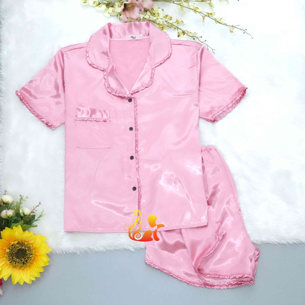 Đồ Mặc Nhà Pijama Phi Lụa &quot; Viền Bèo &quot; Quần Đùi Cao Cấp - Dưới 75kg.