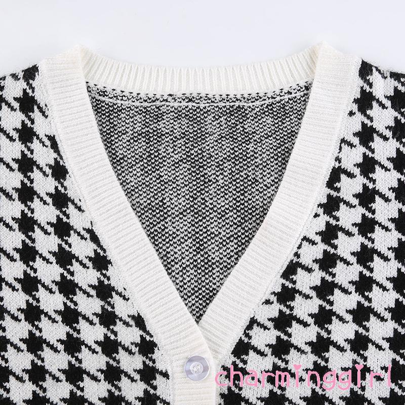 Áo Khoác Croptop Dệt Kim Tay Dài Cổ Chữ V In Họa Tiết Houndstooth Thời Trang Mùa Thu