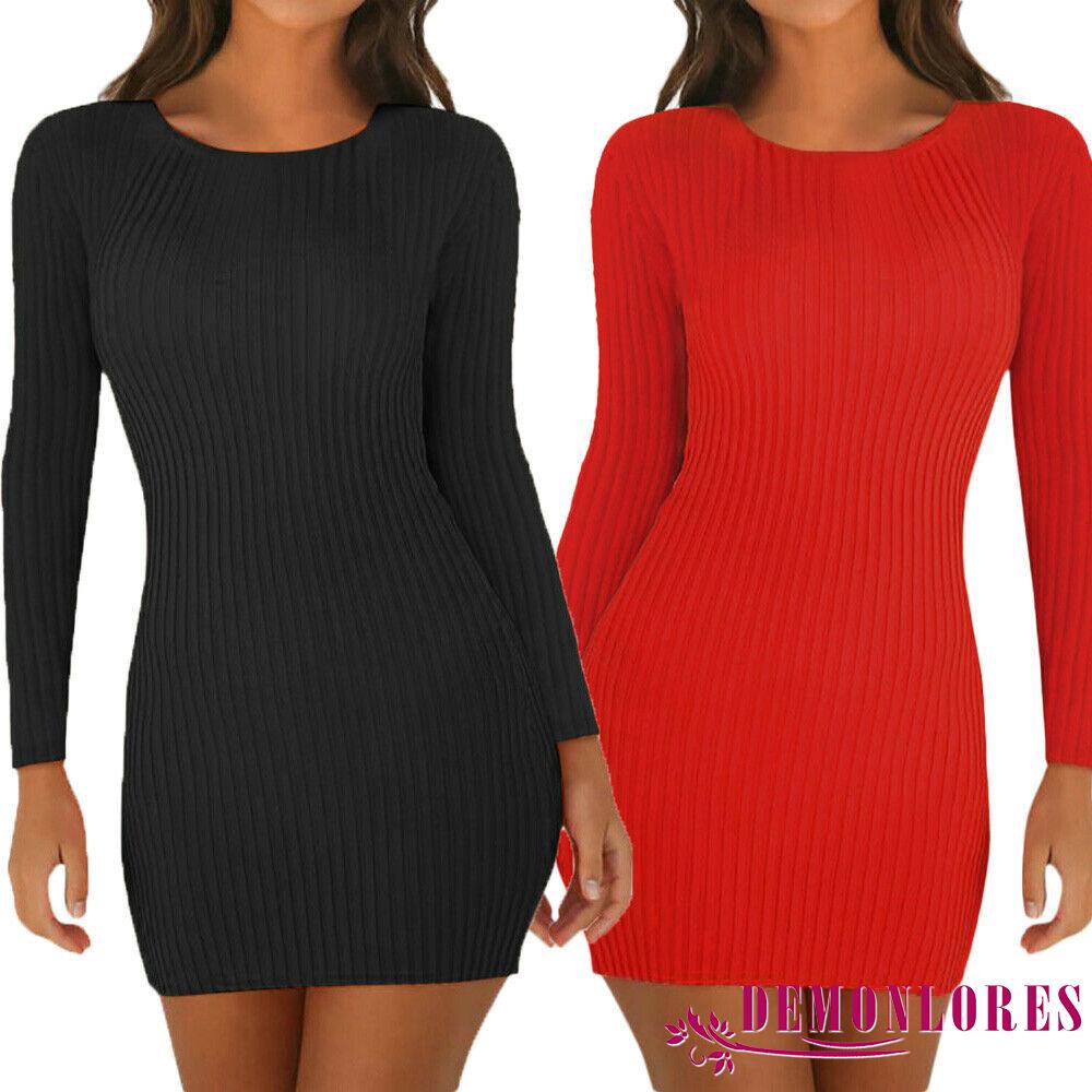 ❀DEM☞Women Ladies Long Sleeve Solid Dresses Skinny Slim Knitted Stretch Bodycon Party Evening Cocktail Short Mini Dress